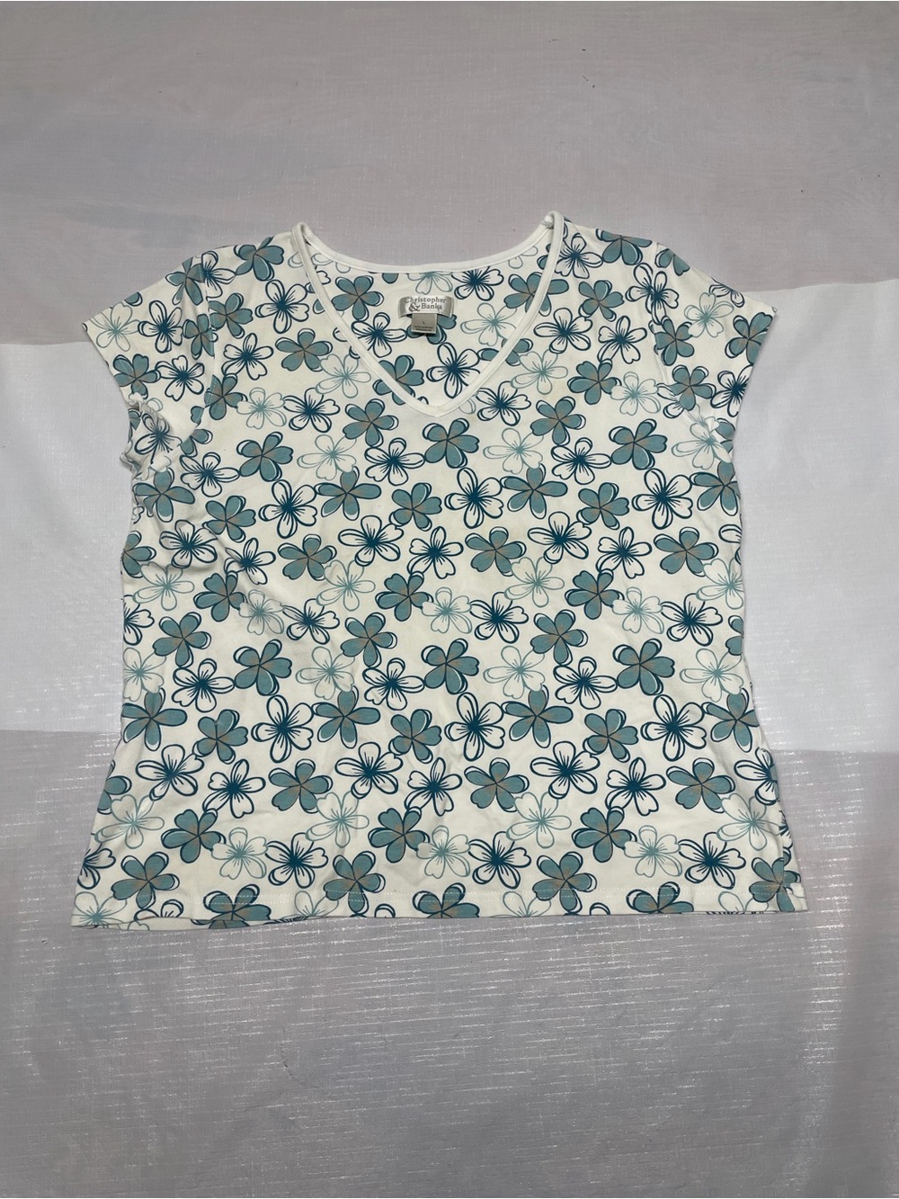 Christopher & Banks Blue and White Floral V-Neck Top Sz:Large